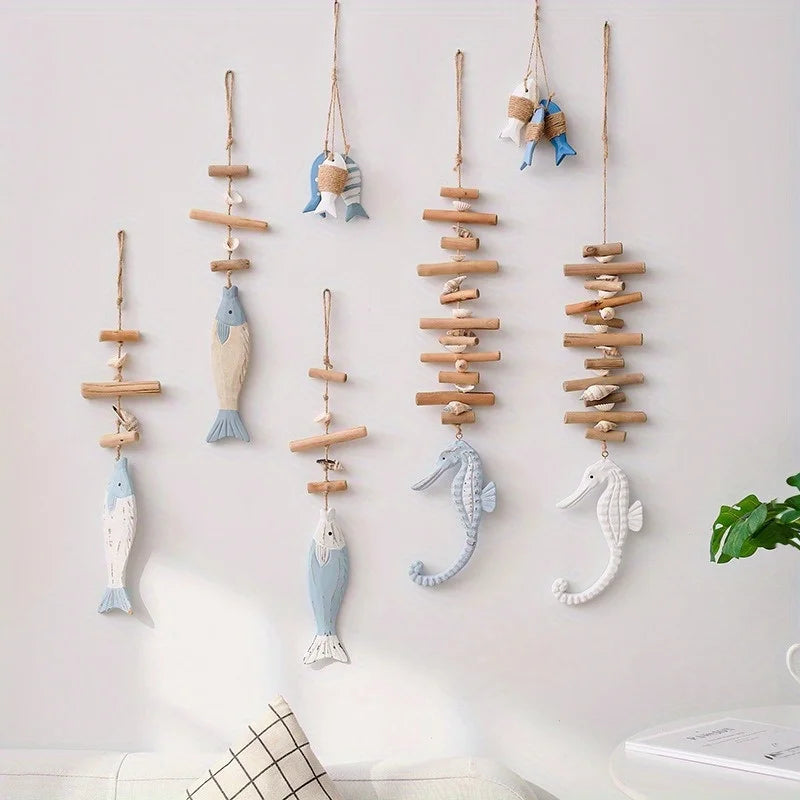 Ihomed 1PC Fish String Wooden Fish Sea Pendant for Decor Fish Skewers Wood Carving Pendant Fish Hanging Decor