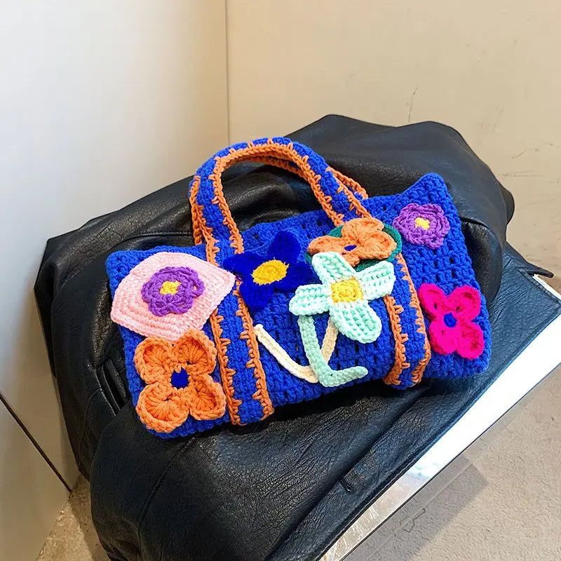 Ihomed Finished Handmade Crochet Blue Bag Cute Flower Knitted Girl Tote Bag Trendy Black Children Women Handcraft Autumn Winter Handbag