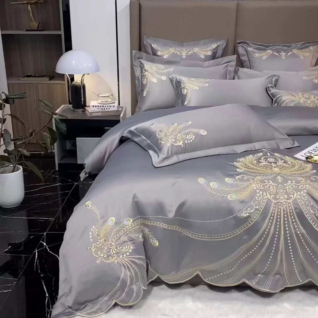 Ihomed Luxury Gold Feather Embroidery Bedding Set Egyptian Cotton High-end Wedding Duvet Cover Bed Sheet Perfect Gift Box Packaging