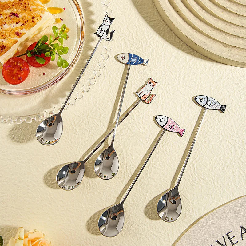 Ihomed Cute Paintings Cat 304 Stainless Steel Spoon Hollow for Coffee Tea Dessert Spoon Kitchen Tableware Gifts for Students Children