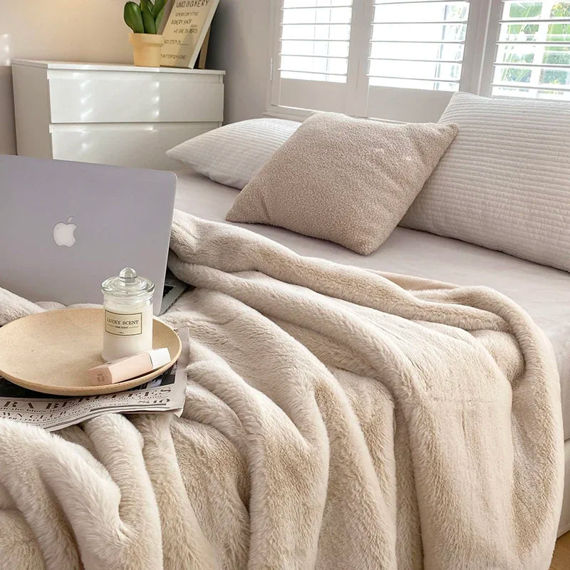 Ihomed High-end faux Fur Mink Blanket plush Bedspread Microfiber bedding thickened bed plaid thickened fluffy sofa blankets for winter