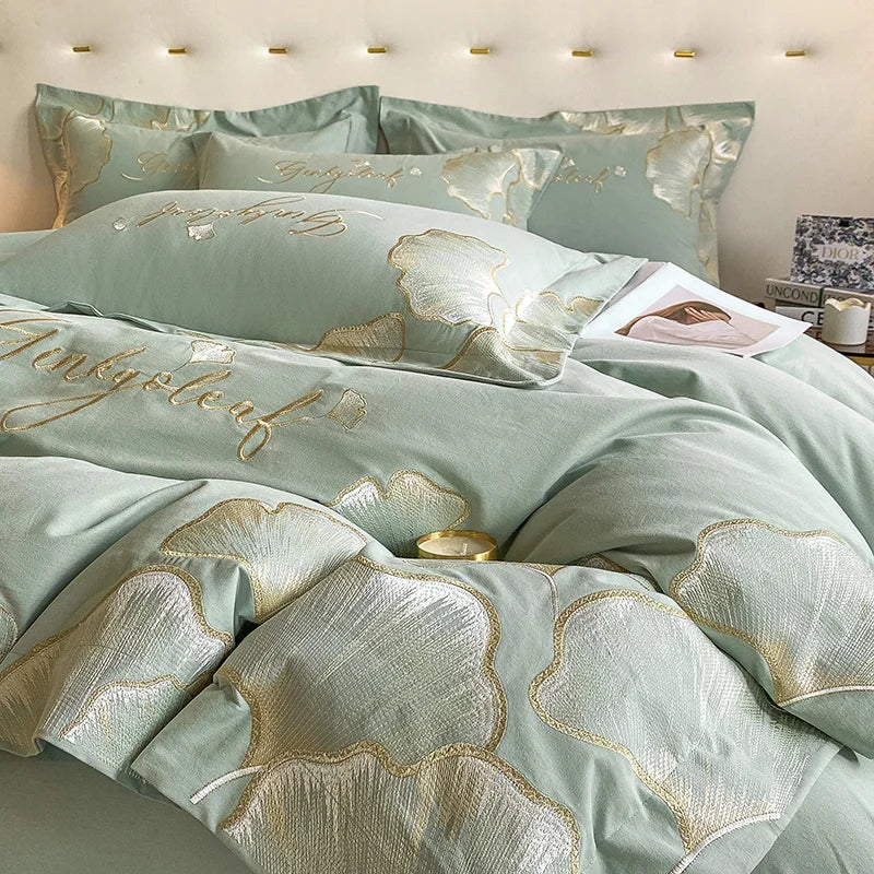 Ihomed Bedding Set with Embroidery, 100% Cotton, Duvet Cover, Bed Sheet, Pillowcase, Ginkgo Leaf Embriodered, Queen, King Home Textile