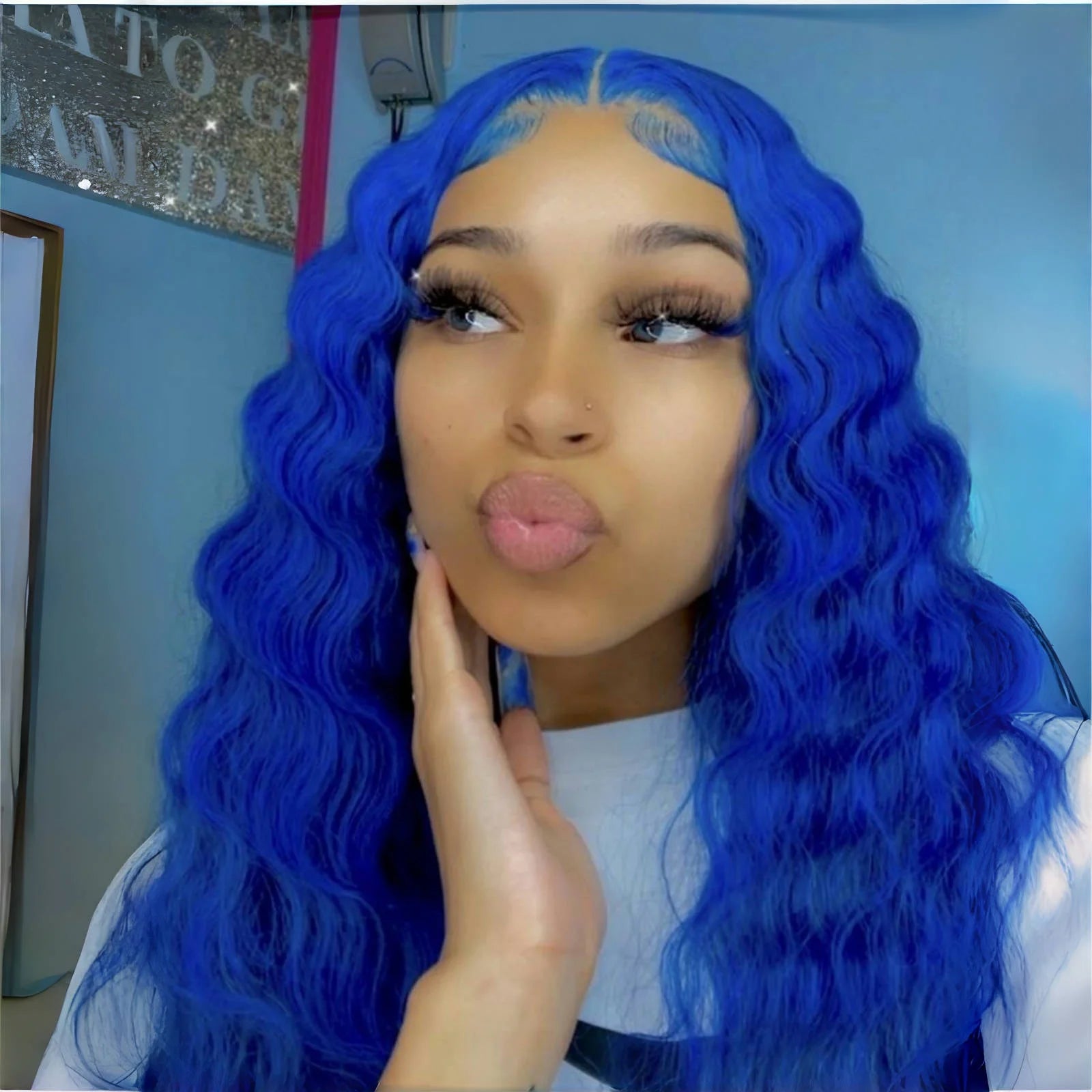 Ihomed Blue Wig Long Blue Curly Wig Synthetic Lace Front Wig Glueless Wigs Ready to Wear Water Wave Deep Curly Wigs for Women Party