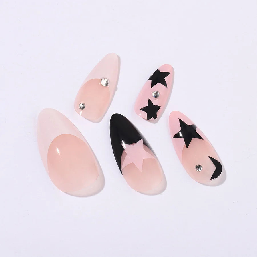 Ihomed 24pcs Y2k Five-pointed Star Press on nail Wearable Pink French Almond False Nails Tips Full Cover Wearable Fake Nails Patch