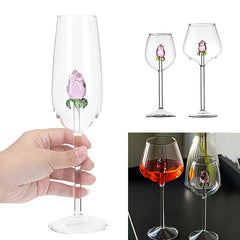 Ihomed 1 Pcs Creative 3D Pink Glass Rose Build-In Red White Wine Glasses Cup Elegant Goblet Champagne Household Valentine Gift