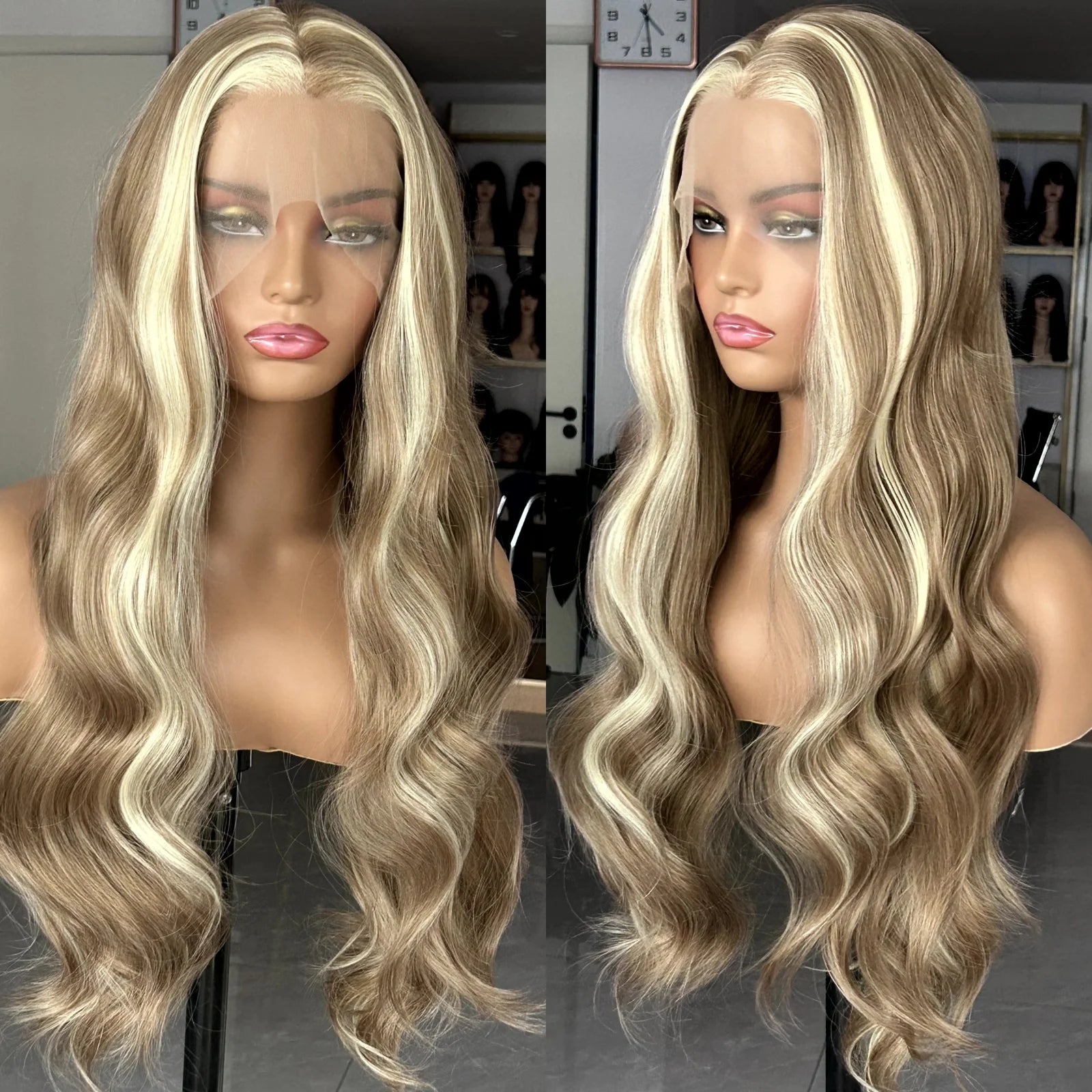 Ihomed Brown Wig with Ash Blonde Highlights Synthetic Hair Long Wavy Loose Body Wave Streaks Money Piece 13X4 Frontal Wigs for Women