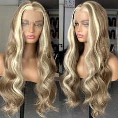 Ihomed Brown Wig with Ash Blonde Highlights Synthetic Hair Long Wavy Loose Body Wave Streaks Money Piece 13X4 Frontal Wigs for Women