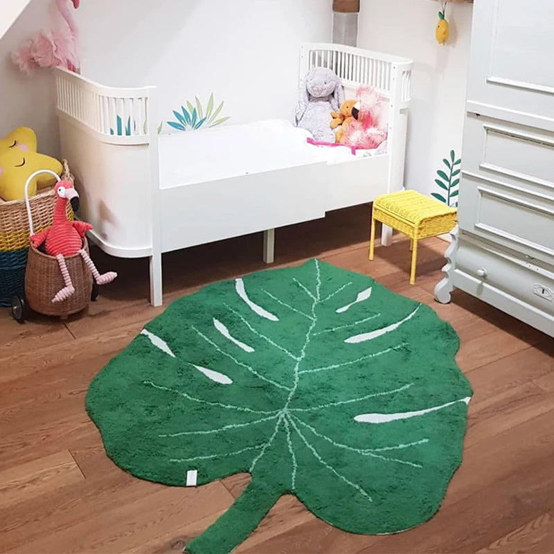 Ihomed Nordic Green Leaf Rug Cotton Kids Room Floor Mat Soft Baby Girl Boy Play Area Children Bedroom Playmat Spring Home Nursery Decor