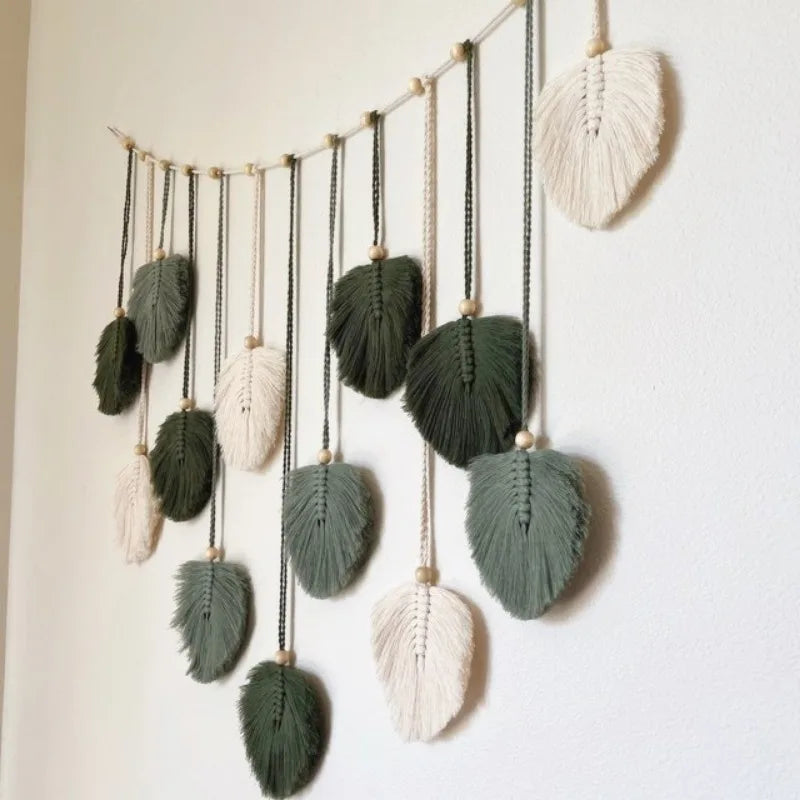 Ihomed 1 Pc Green Leaves Garland, Macrame Wall Art, Above Bed Decor, Boho Home Decor, Mid Century Modern, Living Room Wall Decor, Plant