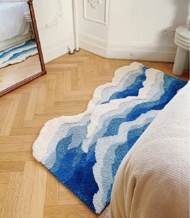 Ihomed Blue Sea Pattern Tufted Rug Flocking Carpet Aesthetic Home Pad Funny Japanese Style Tufting Rug Cute Floor Pad Anti Slip Doormat