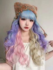 Ihomed 28Inch Blue Pink Purple Blonde Mix Color Synthetic Magic Wigs With Bang Long Natural Wavy Hair Wig For Women Cos Heat Resistant