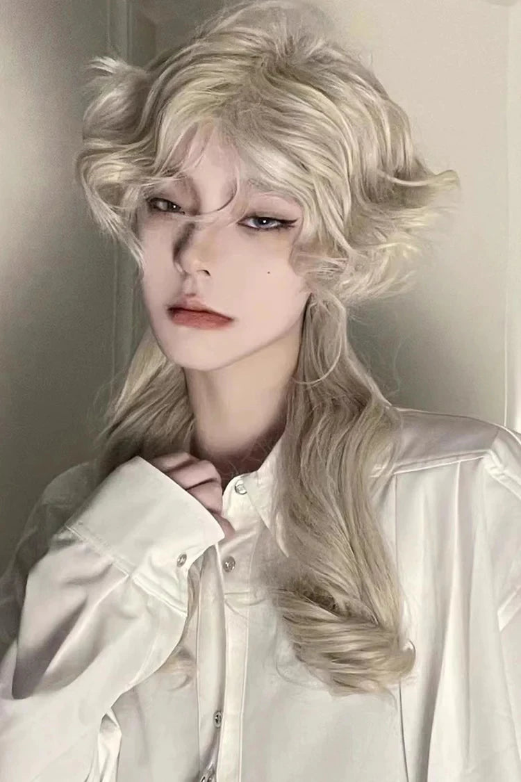 Ihomed Beige Medium Long Curly Hair Retro Ouji Wig with Bangs 18 Inch 13x4 HD Wigs for Women Lolita for Cosplay and Party Use