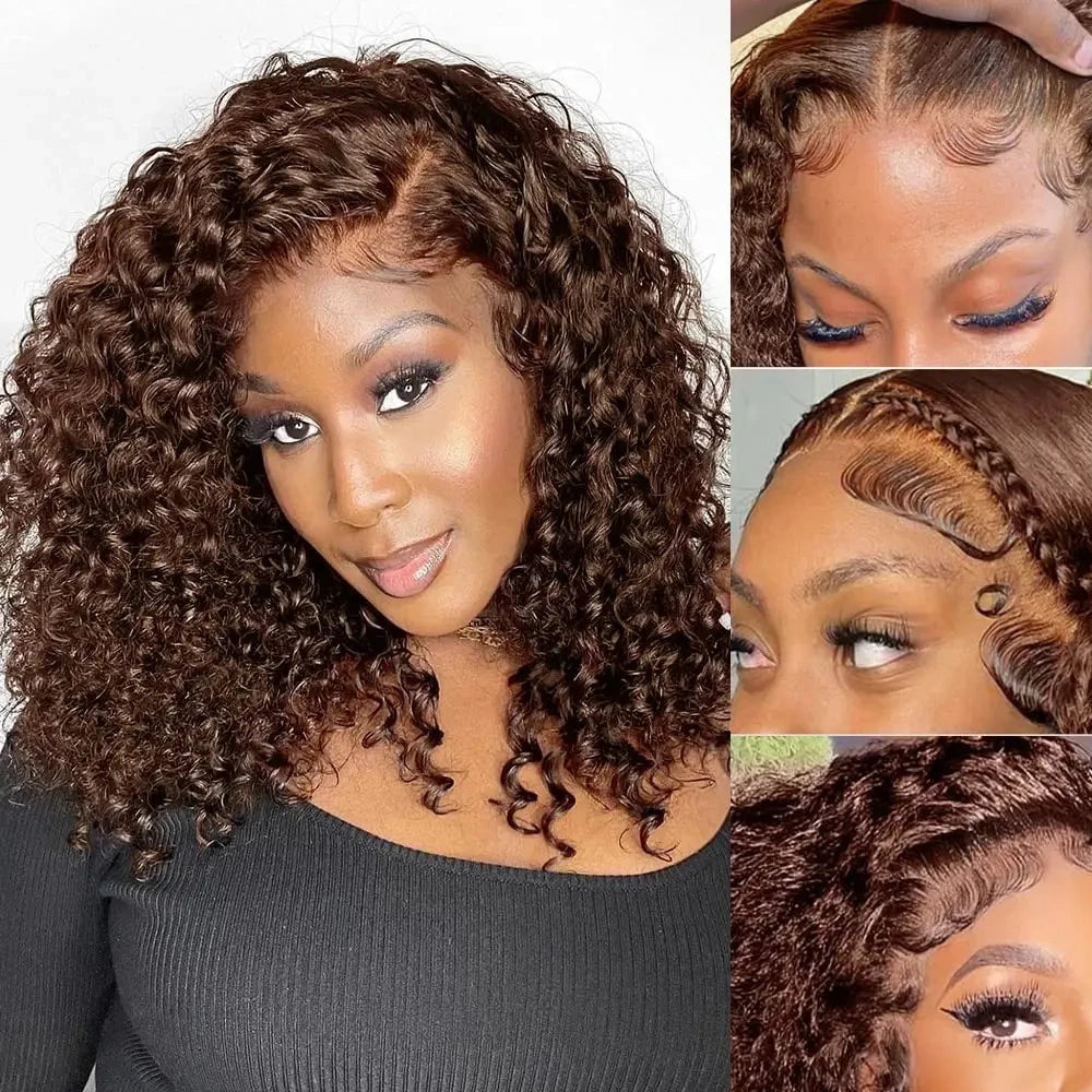 Ihomed Brazilian 250% Chocolate Brown #4 Bob Wig Water Wave Lace Frontal Human Hair Wigs Colored Curly 13x6 Lace Bob Wigs For Women