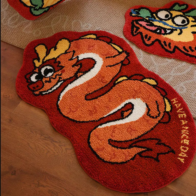 Ihomed New Tufted Bedroom Bedside Rugs Lucky Dragon Design Style Flocked Rug Red Festive Carpet as a Gift for Friends