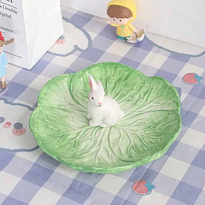 Ihomed Japanese Pink Green Cabbage Ceramic Bowls: Cute and Girly with Rabbit Design for Home Deco Afternoon Tea Dessert Plate