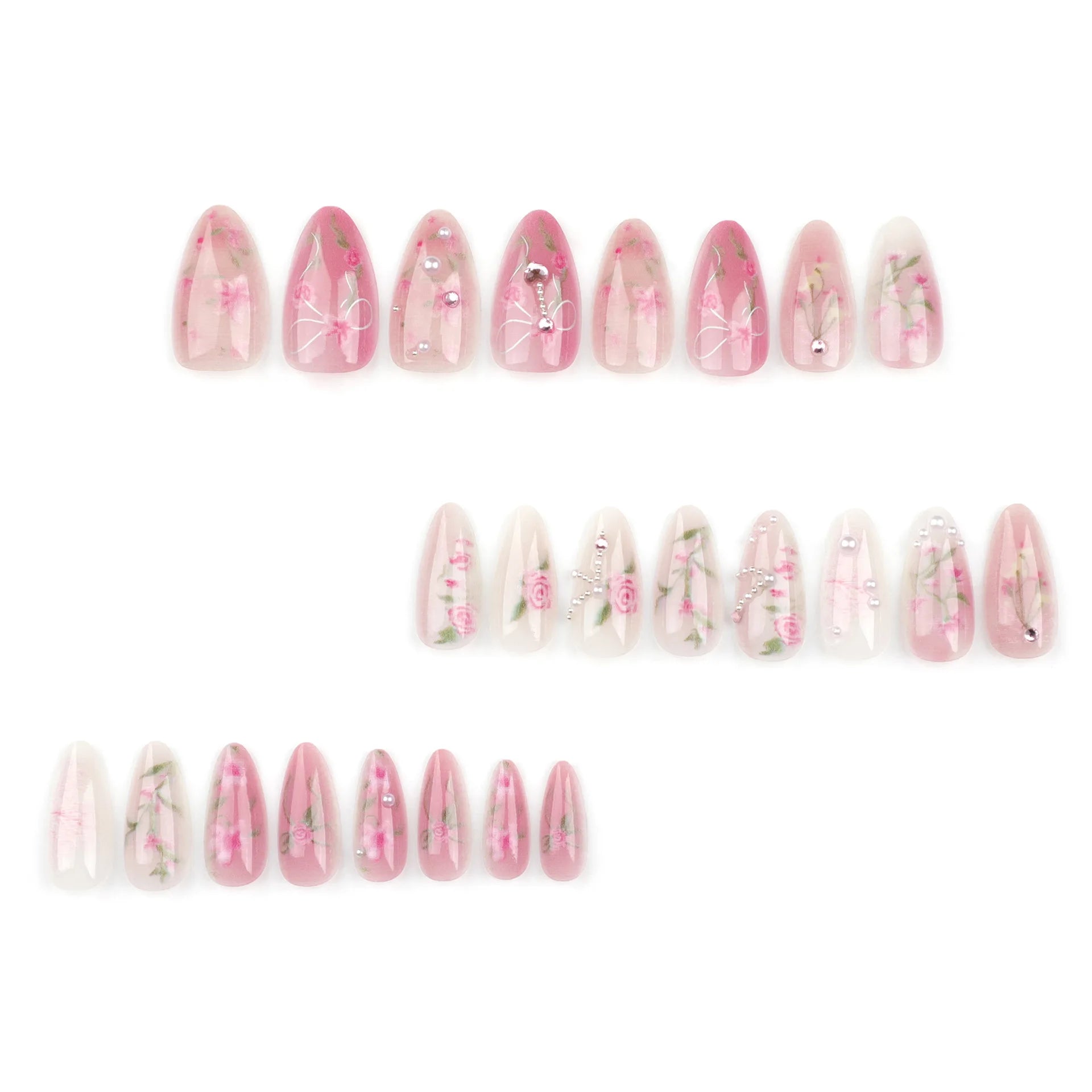 Ihomed 24pcs Summer Pink Rose Press on Nails 3D Pearl Decor Almond False Nail Patch for Girl Lady Wearable Full Cover Fake Nail Tips