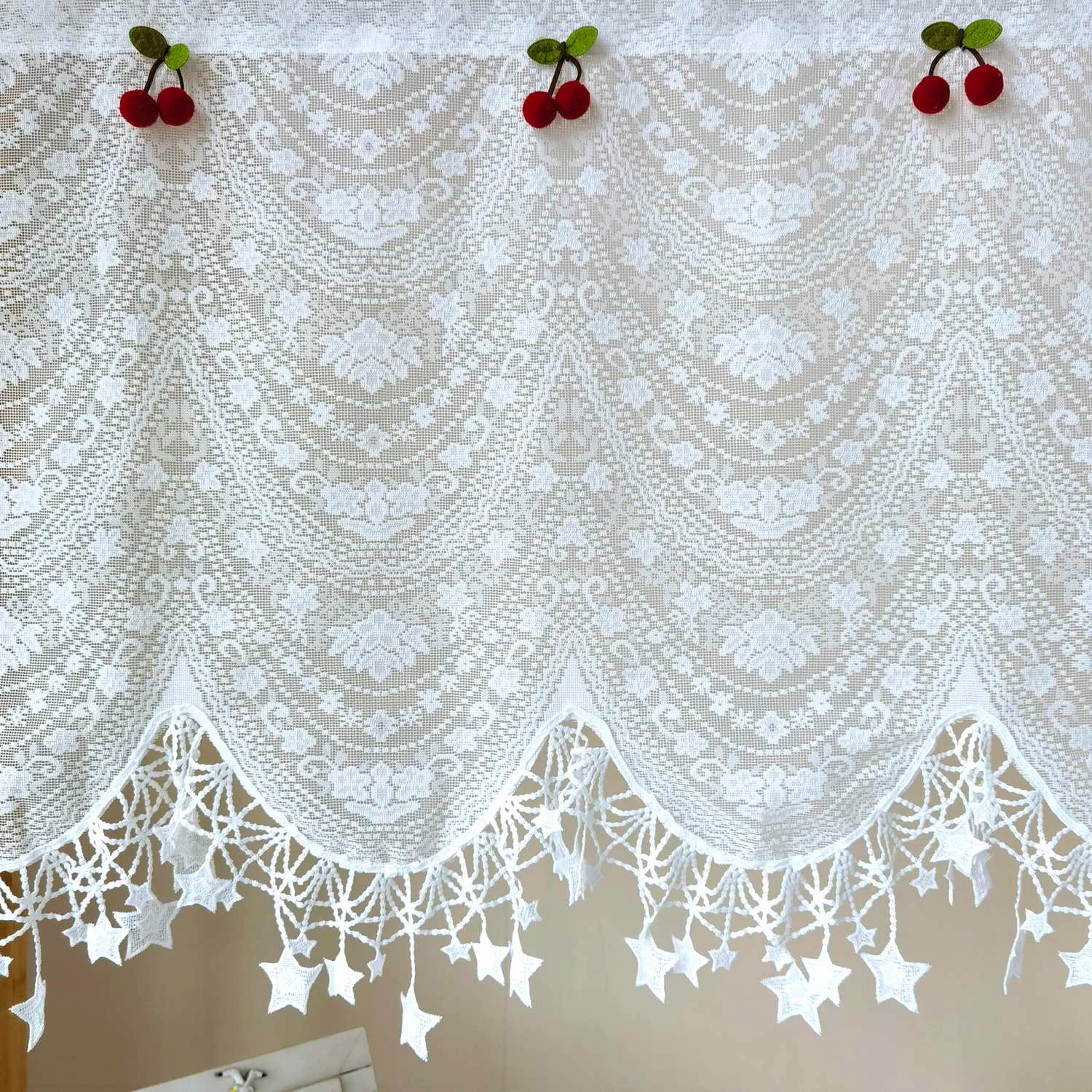 Ihomed White Lace Embroidery Tulle Kitchen Curtain Cherry Pentagram Wavy Short Curtain Cute Coffee Half Window Curtain