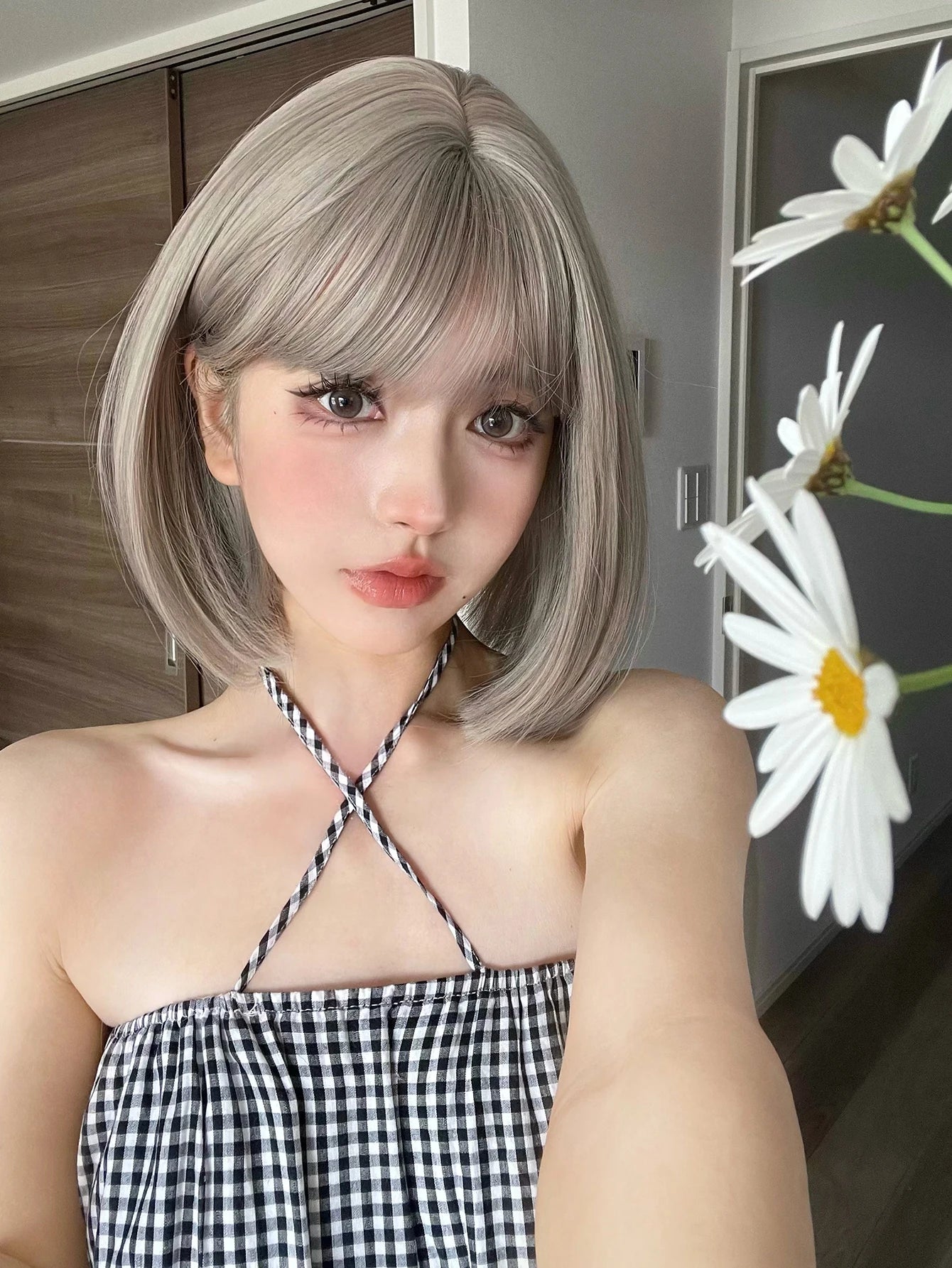 Ihomed 12Inch Gridelin Color Synthetic Lolita Wig With Bang Medium Natural Straight Hair Wig for Women Daily Cosplay Heat Resistant