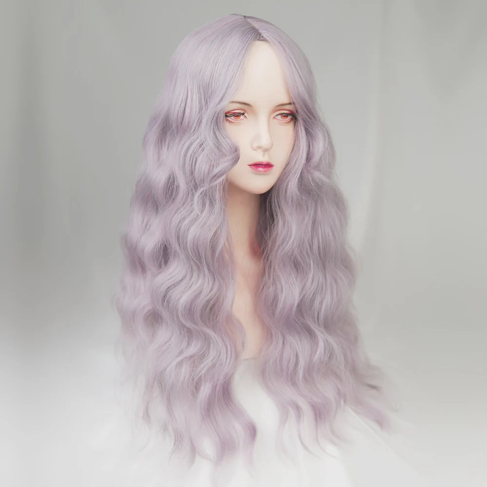 Ihomed Gray Purple Fleece Roll Medium Split Large Waves Lolita Long Curly Hair Bangs High Temperature Synthetic Wig