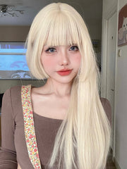 Ihomed 26Inch Blonde Platinum Golden Synthetic Wigs With Bang Long Natural Straight Hair Wig for Women Hime Cut Cosplay Heat Resistant