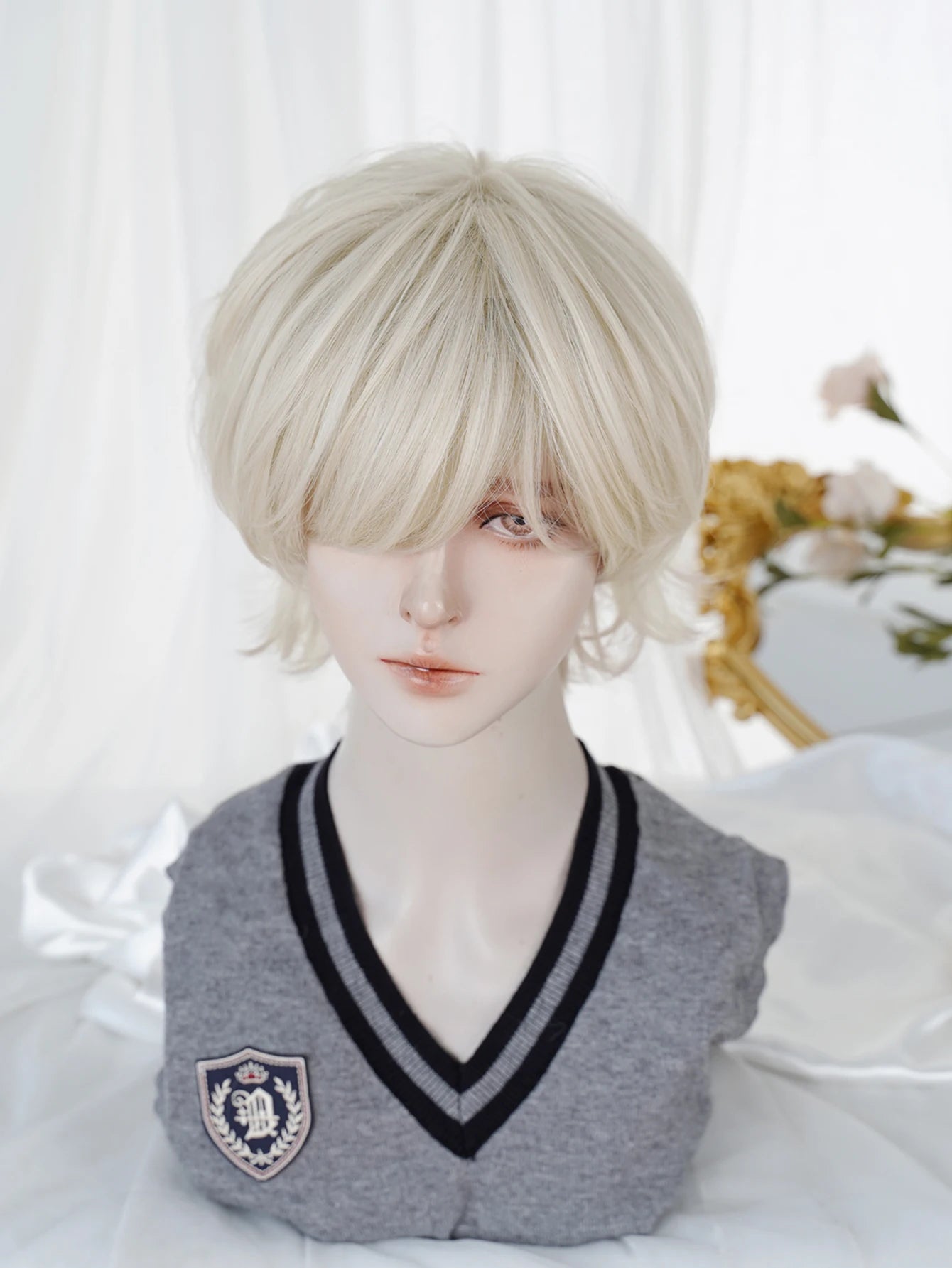 Ihomed 12Inch Light Blonde Japanese Style Synthetic Wig With Bang Short Natural Straight Hair For Man or Women Daily Use Heat Resistant