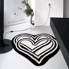 Ihomed Black White Tufting Bedroom Rug Double Heart Shape Carpet Bathroom Mat Soft Bedside Floor Tidy Pad Doormat Aesthetic Home Decor