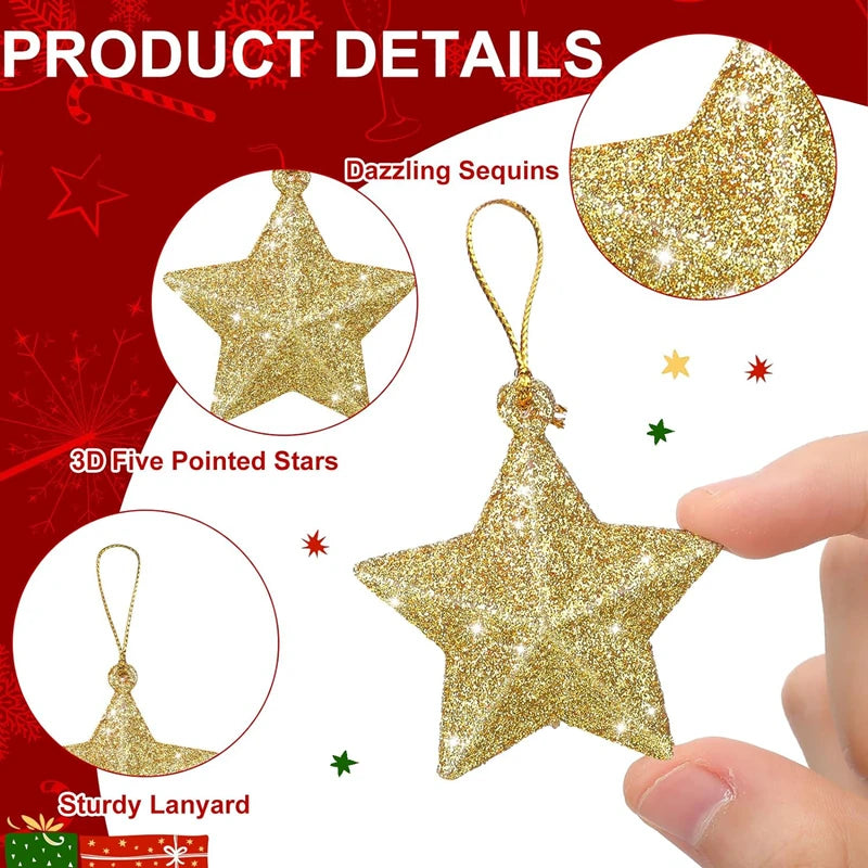 Ihomed Gold Glitter Star Ornaments Christmas Tree Hanging Pendant 2024 Christmas Decorations for Home Navidad New Year Party DIY Gift