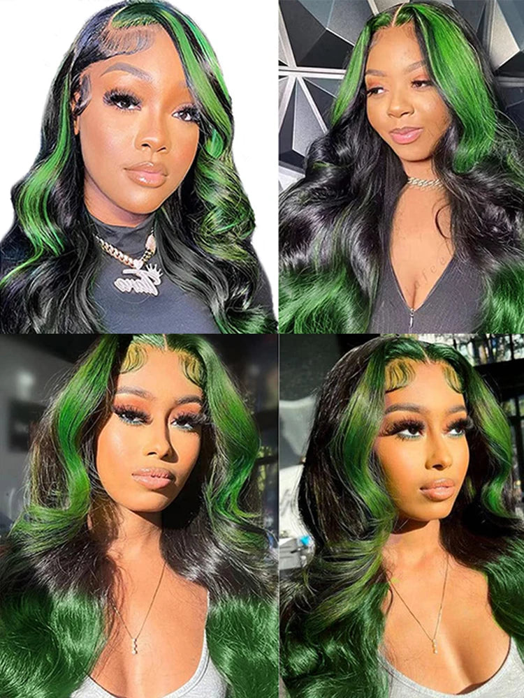 Ihomed Highlight Green Lace Front Human Hair Wigs 38 Inch Ombre Colored Body Wave Lace Front Wig Remy Human Hair HD Lace Frontal Wig