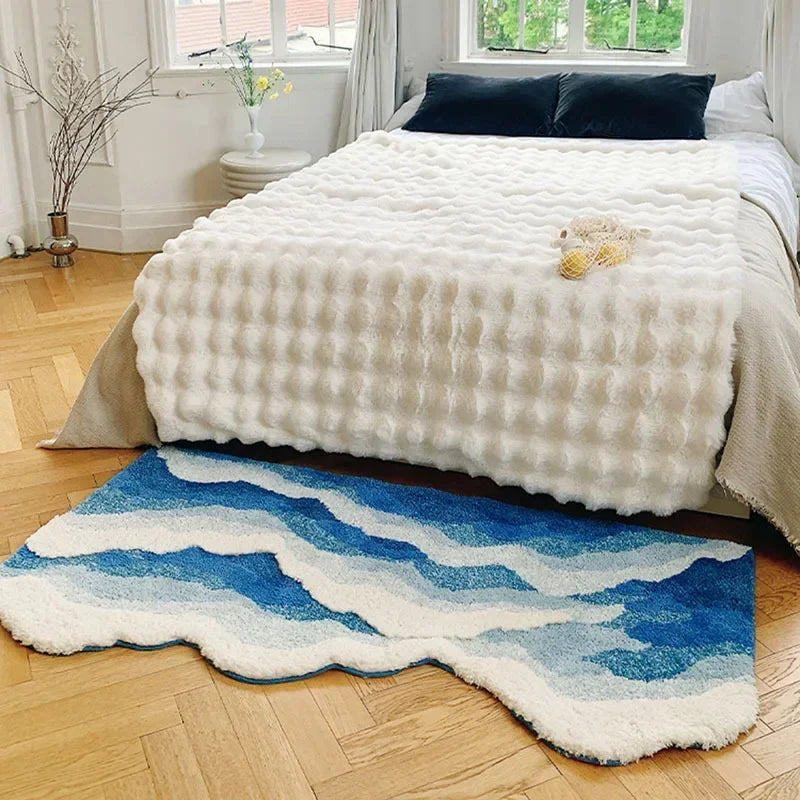 Ihomed Aesthetic Wave Rug High-Quality Flocking Antislip Carpet Bathroom Blue Sea Tufted Carpet House Decoration Kid Room Bedside Rug