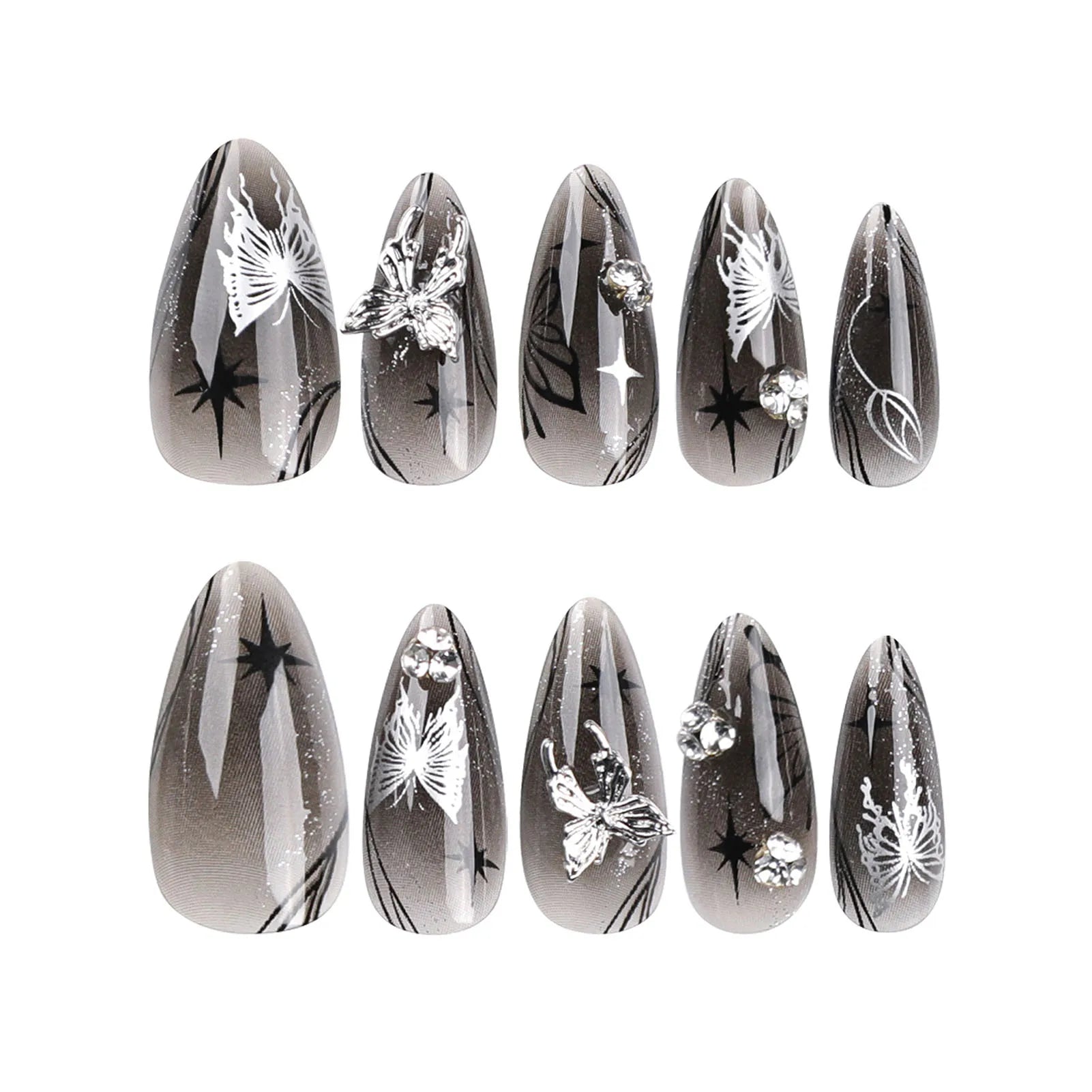 Ihomed 24pcs 3D Sliver Butterfly Decor False Nails Full Cover Fake Nail for Women Lady Almond Black Butterfly Press on nails Patches