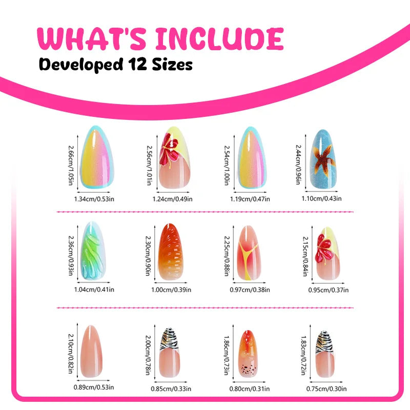 Ihomed 24pcs Ins 3D Starfish Shell Decor Fake Nails Ocean Gradient Press on Nails Full Cover Wearable French Almond False Nail Tips