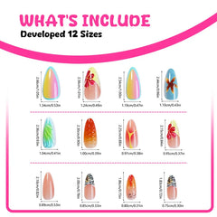 Ihomed 24pcs Ins 3D Starfish Shell Decor Fake Nails Ocean Gradient Press on Nails Full Cover Wearable French Almond False Nail Tips