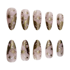 Ihomed 24pcs Gold Baroque False Nails Patch French Gold Star Pattern Fake Nail Almond Wearable Girl Press on nail Tips Manicure Sets