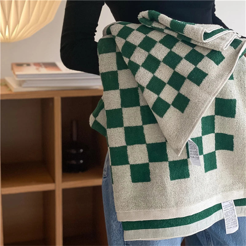 Ihomed Long-Staple Cotton Home Towels, Retro Color Matching Shower Towel, Checkerboard Plaid Face/ Hand/ Bath Towel, Soft Absorbent