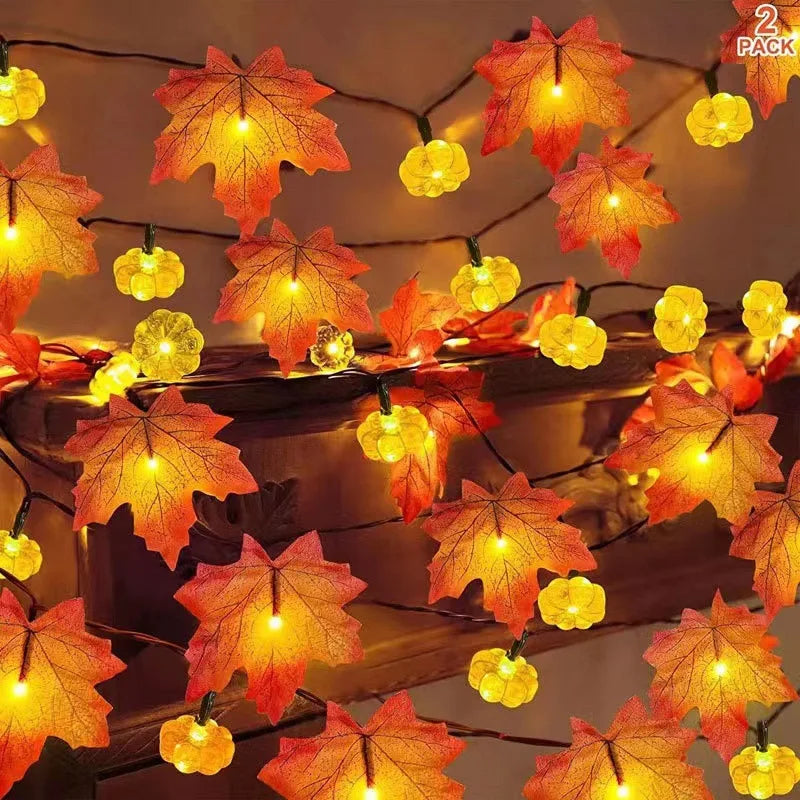 Ihomed Artificial Autumn Maple Leaves Pumpkin Garland LED Fairy String Light Christmas Thanksgiving Decoration DIY Halloween Party Home