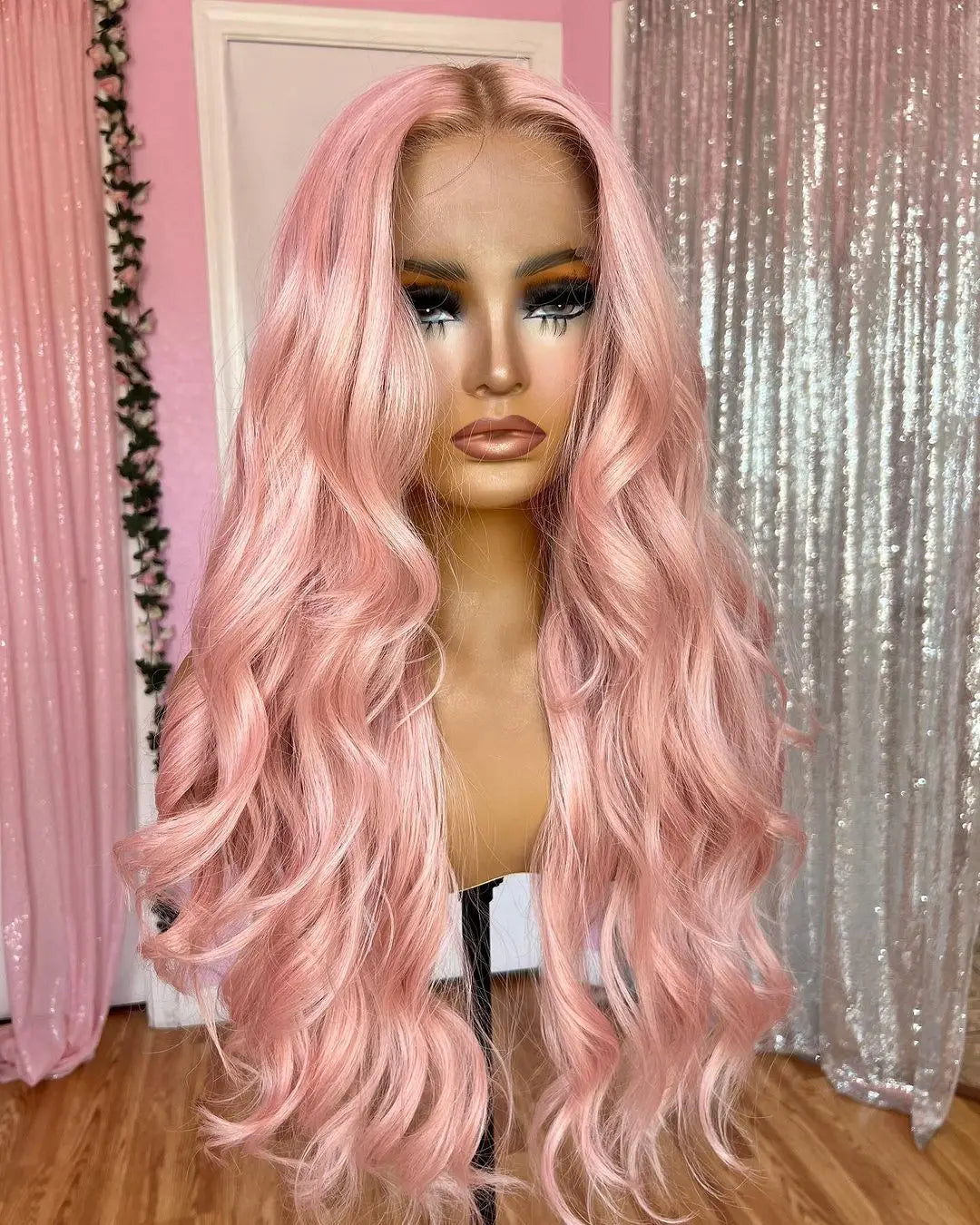 Ihomed Long Last 26Inch Wavy Pink Synthetic Hair Wigs for White Women Glueless Transparent Lace Front Wigs High Temperature Fiber