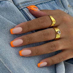 Ihomed 24Pcs Simple Matte Orange French False Nails Press on Wearable Artificial Mid Length Fake Nail Manicure Full Cover Nail Tips