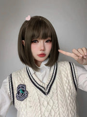 Ihomed 12Inch Lolita Tea Brown Preppy Style Synthetic Wigs With Bang Short Natural Straight Hair Wig For Women Daily Use Heat Resistant