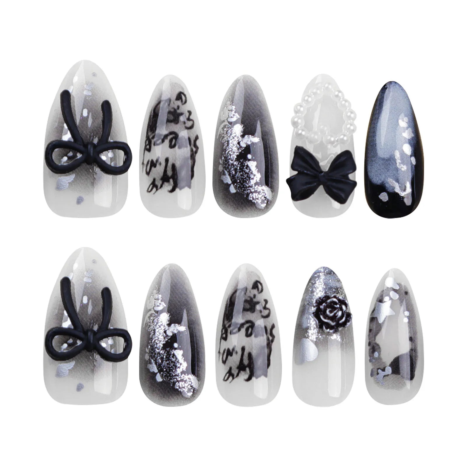 Ihomed 24pcs Black Bowknot Design False Nails Ins Korean Sweet Almond Fake Nails Tips for Girls Wearable Full Cover New Press on Nail