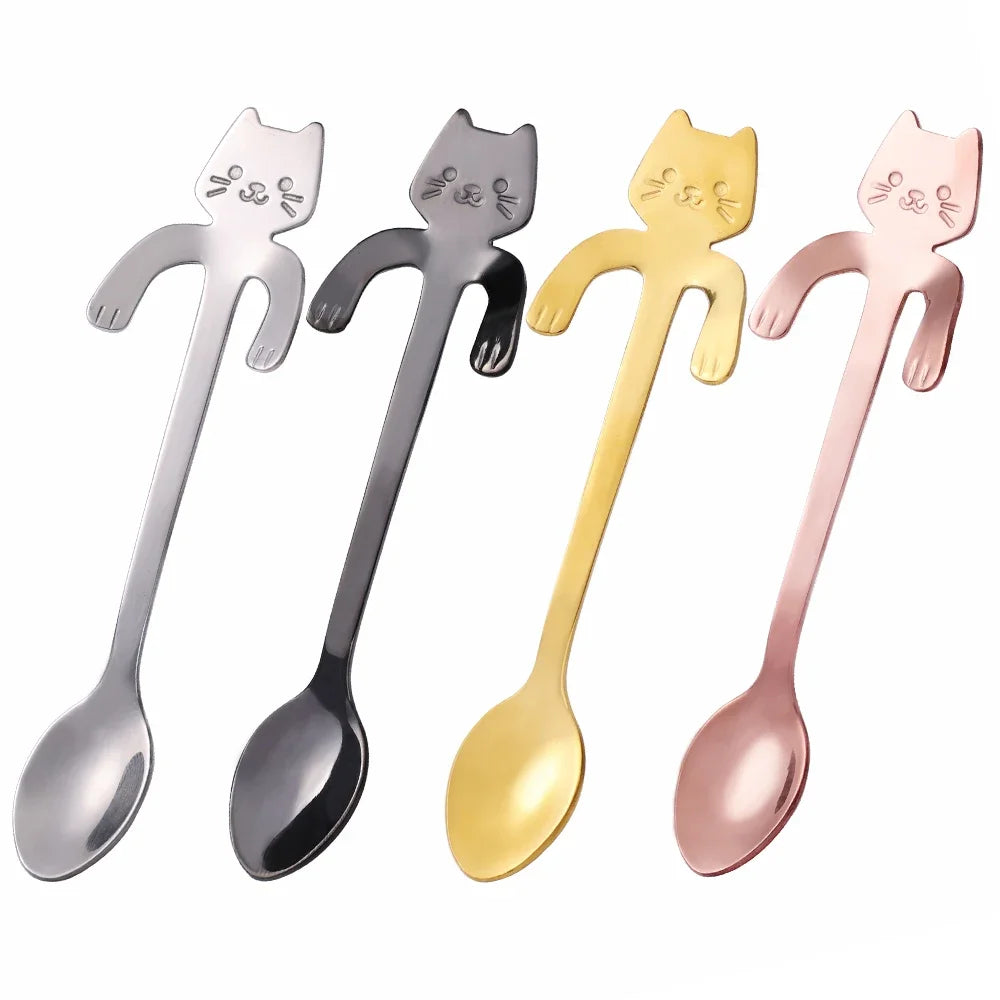 Ihomed 4pcs Stainless Steel Cute Cat Spoons Coffee Tea Ice Cream Teaspoons Spoon Dessert Snack Scoops Home Flatware Kitchen Accessories