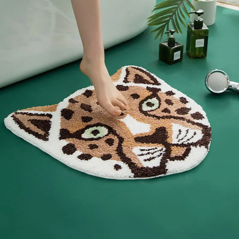 Ihomed Cartoon Leopard Head Carpet Room Decoration Tufted Absorbent Floor Mat Bedroom Kitchen Non-Slip Bathroom Mat Porch Rug