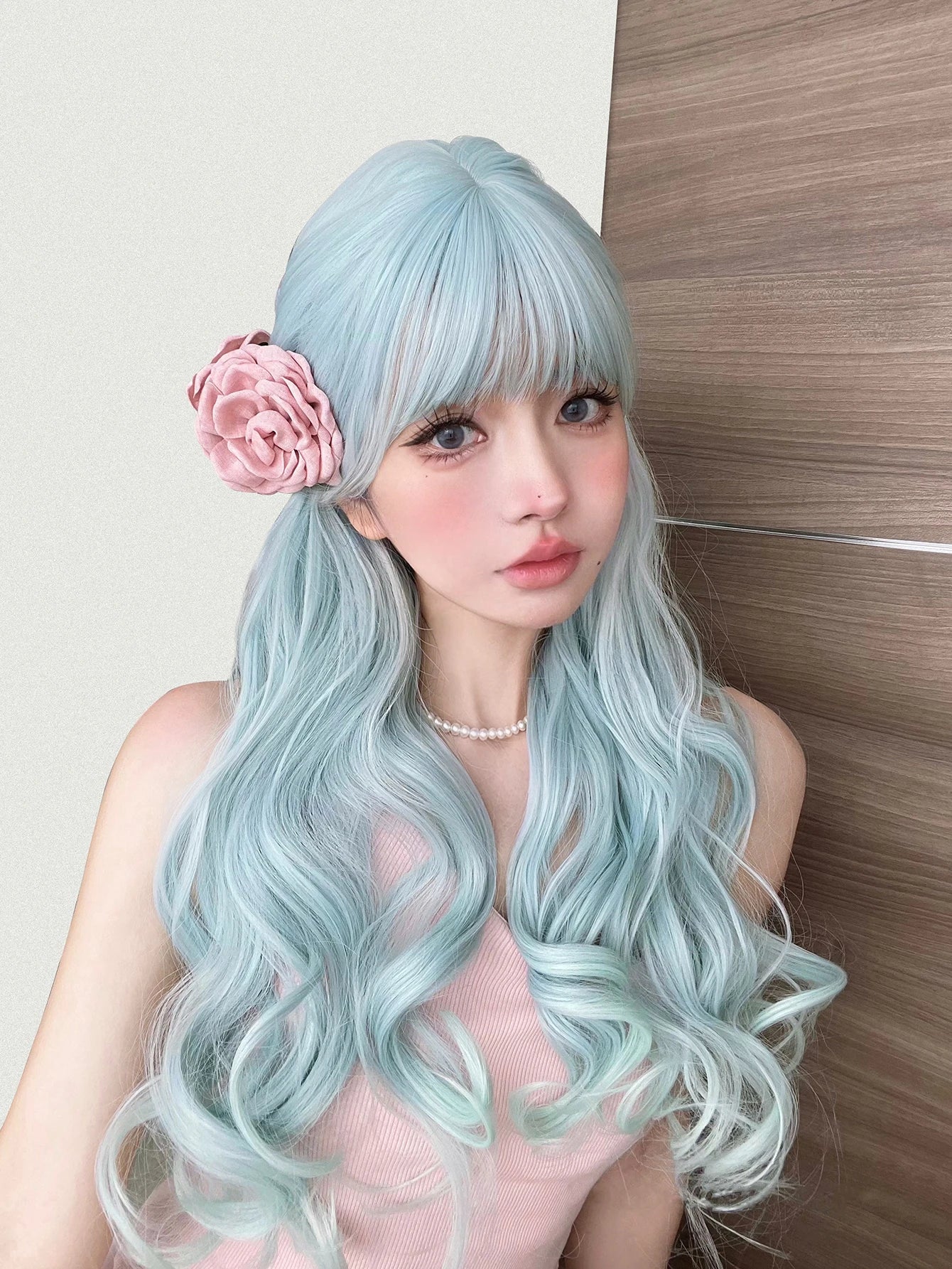 Ihomed 24Inch Sky Blue Refreshing Lolita Synthetic Wigs With Bang Long Natural Wavy Hair Wig For Women Daily Cosplay Heat Resistant