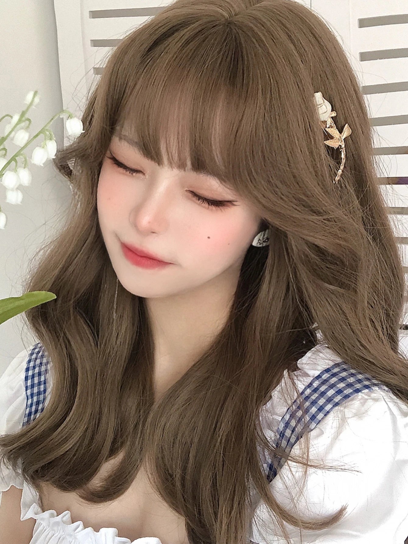 Ihomed 20Inch Honey Brown Lolita Synthetic Wigs with Bangs Long Natural Wavy Hair Wig for Women Daily Use Cosplay Drag Heat Resistant