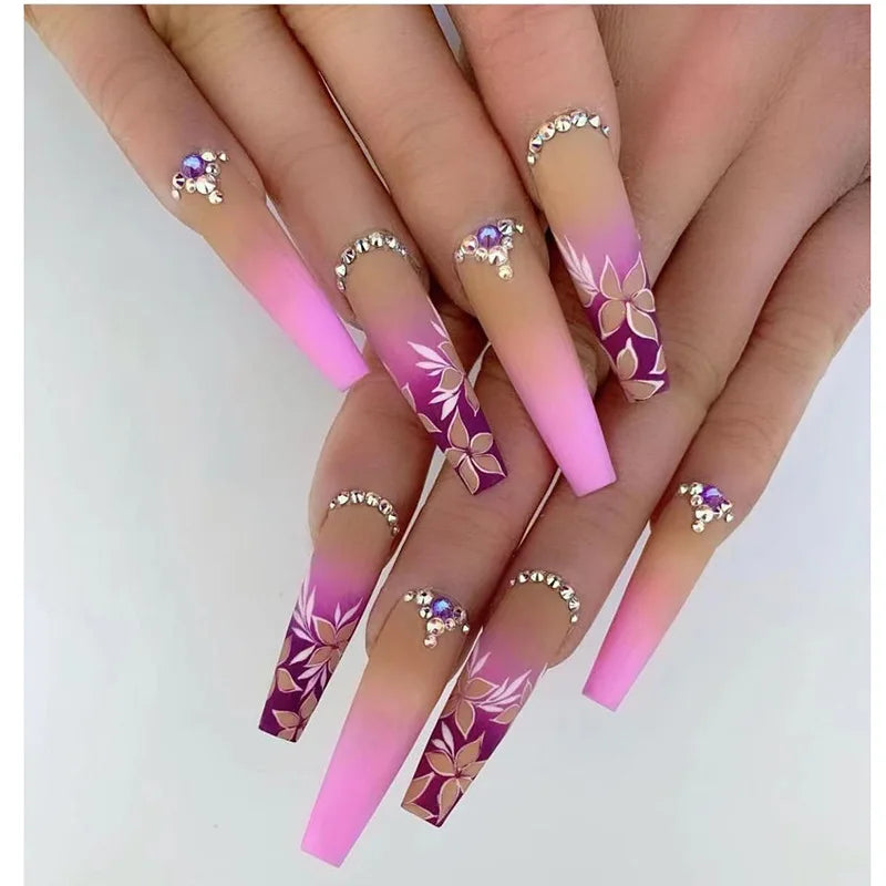 Ihomed 24Pcs Multicolored Line Flower Design False Nails Long Coffin Fake Nails Press on Wearable Ballet Full Cover Nail Tips Manicure