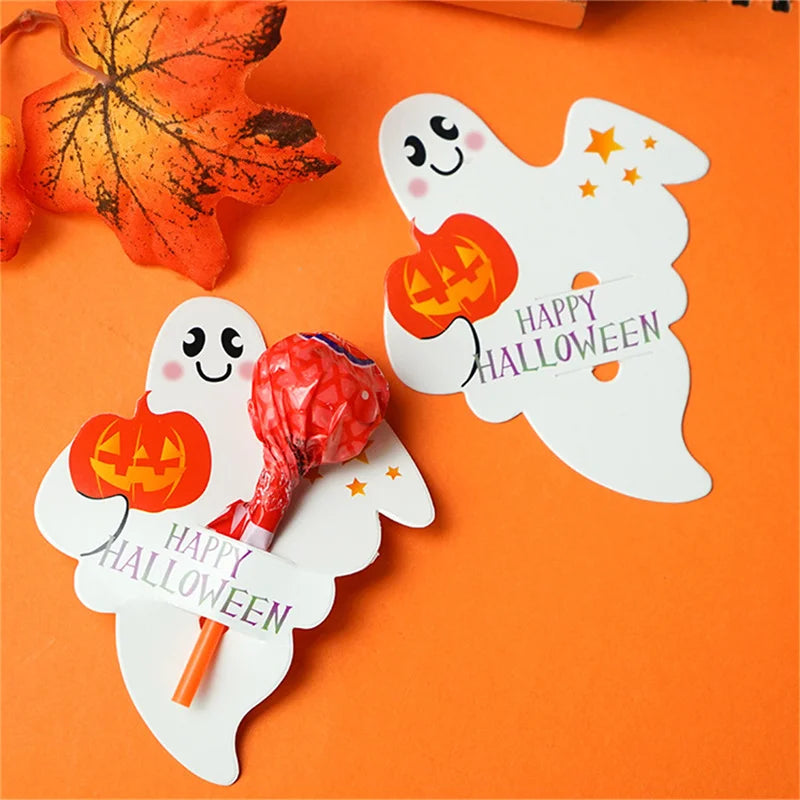 Ihomed 50PCS Halloween Lollipop Card Multi Pumpkin Ghost Skull Cat Lollipop Holder Halloween Party Supplies Trick Or Treat Candy Pack