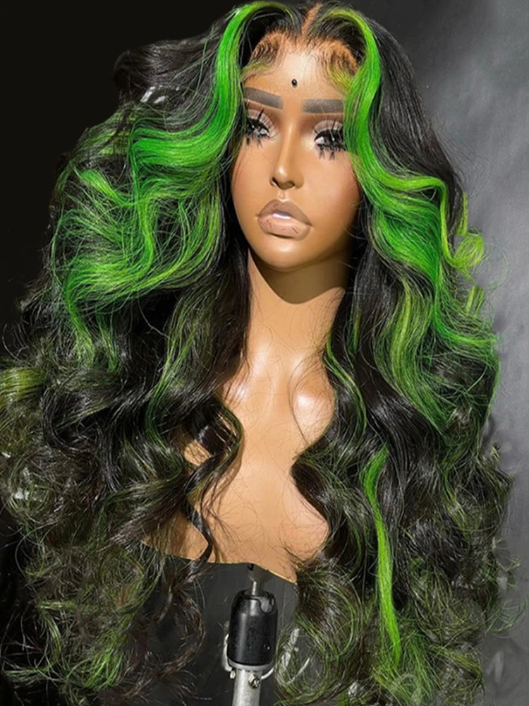 Ihomed Highlight Green Lace Front Human Hair Wigs 38 Inch Ombre Colored Body Wave Lace Front Wig Remy Human Hair HD Lace Frontal Wig