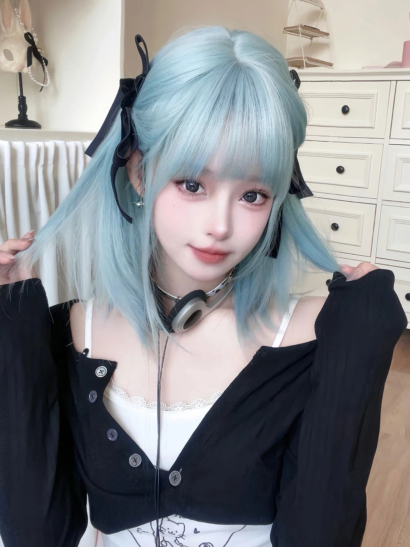 Ihomed 16Inch Ice Blue Color Synthetic Lolita Wig With Bang Medium Natural Straight Hair Wigs for Women Daily Cosplay Heat Resistant