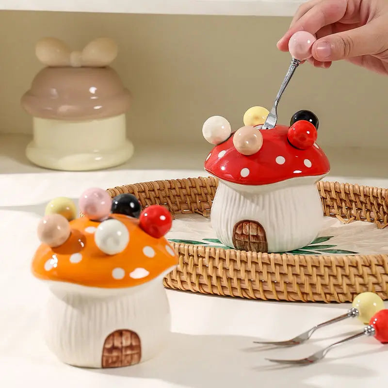 Ihomed Mushroom Fruit Fork Set Dessert Cake Stainless Steel Small Fork Storage Can Cute Fruit Forks storage box home kitchen acceesory