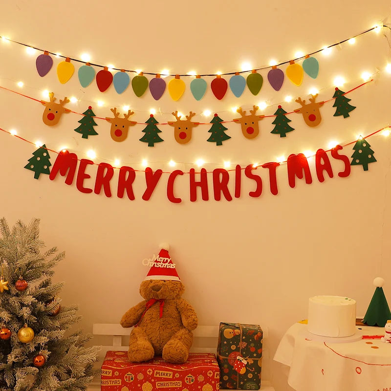 Ihomed DIY Handmade LED String Light Decorated Merry Christmas Holiday Hanging Home Room Background Pull Flag Banner Christmas Pendant