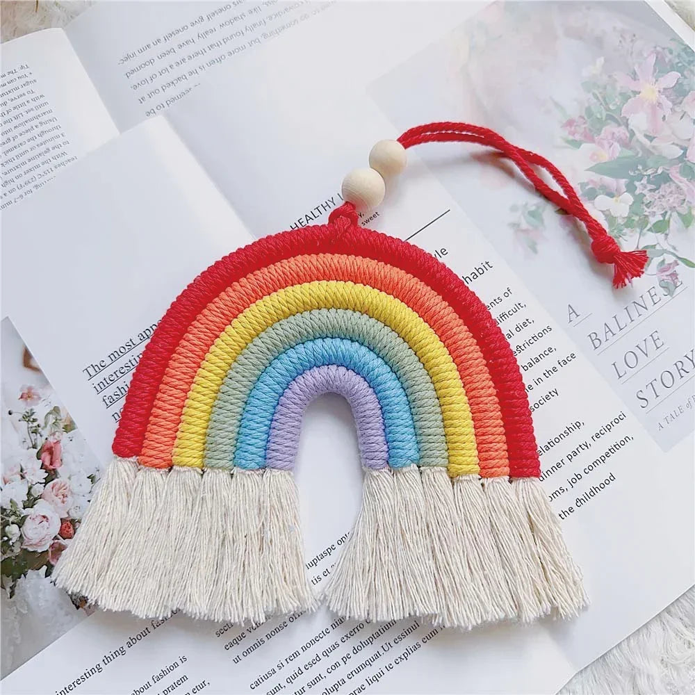 Ihomed Handmade Woven Cotton Rope Rainbow Tassels Bead Boho Style Pendants Rainbow Children'S Room Wall Hanging Holiday Decoration